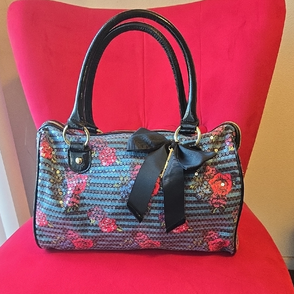 Betsey Johnson Black and Pink Floral Sequin Satchel